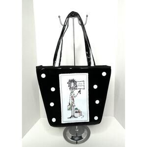 Whimsical Black/White Polka Dot Vinyl Lined Shopper Tote Bag Shoulder Straps